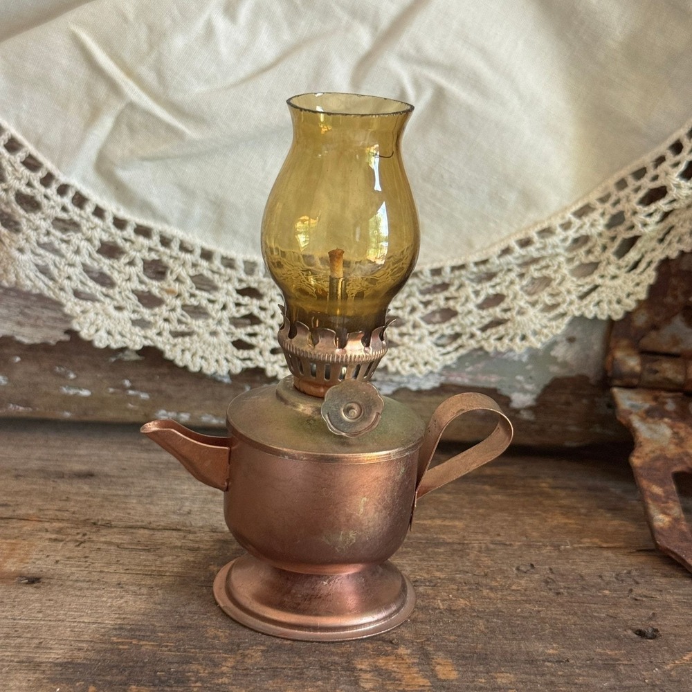Vintage Miniature Teapot Copper Oil Lamp Amber Glass Chimney Hong Kong 5 inch